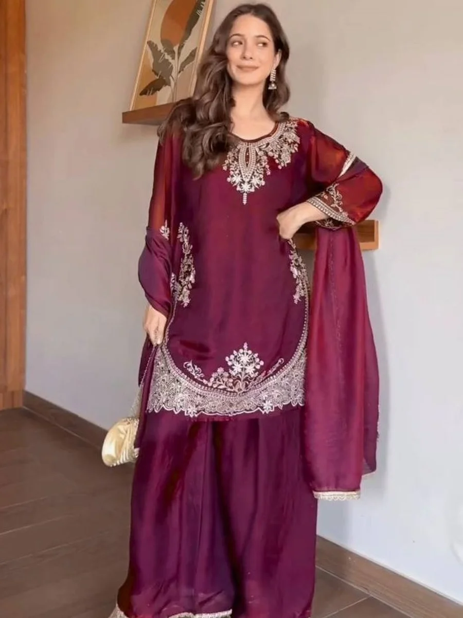 CLASSIC FENDY SILK SEQUENCE EMBROIDERY WORK TOP PALAZZO WITH DUPATTA FESTIVE WEAR WHOLESALE PRICE ETHNIC GARMENT (2)