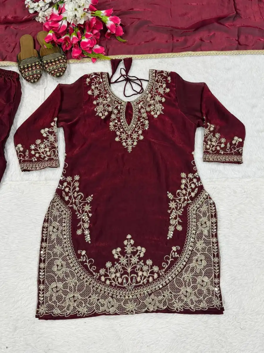 CLASSIC FENDY SILK SEQUENCE EMBROIDERY WORK TOP PALAZZO WITH DUPATTA FESTIVE WEAR WHOLESALE PRICE ETHNIC GARMENT (6)