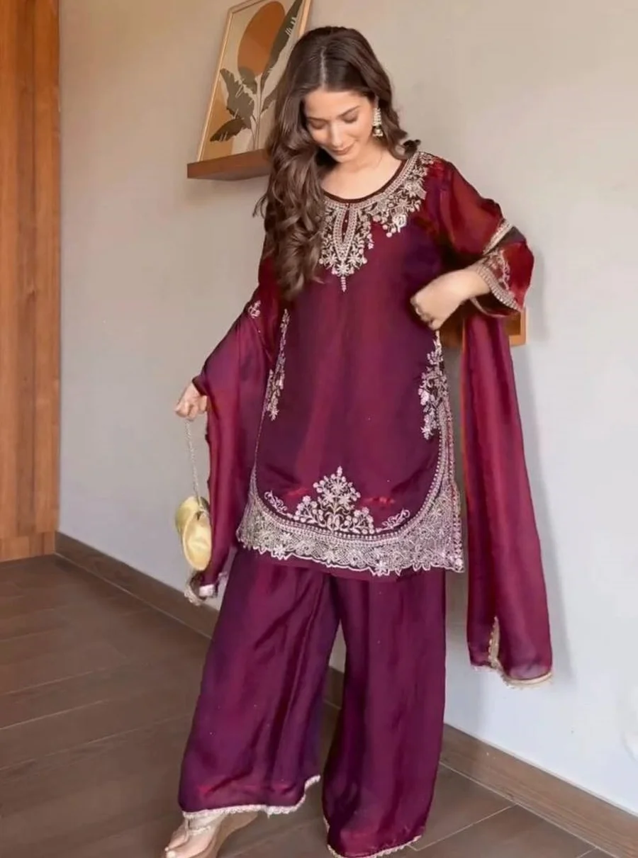 CLASSIC FENDY SILK SEQUENCE EMBROIDERY WORK TOP PALAZZO WITH DUPATTA FESTIVE WEAR WHOLESALE PRICE ETHNIC GARMENT (7)