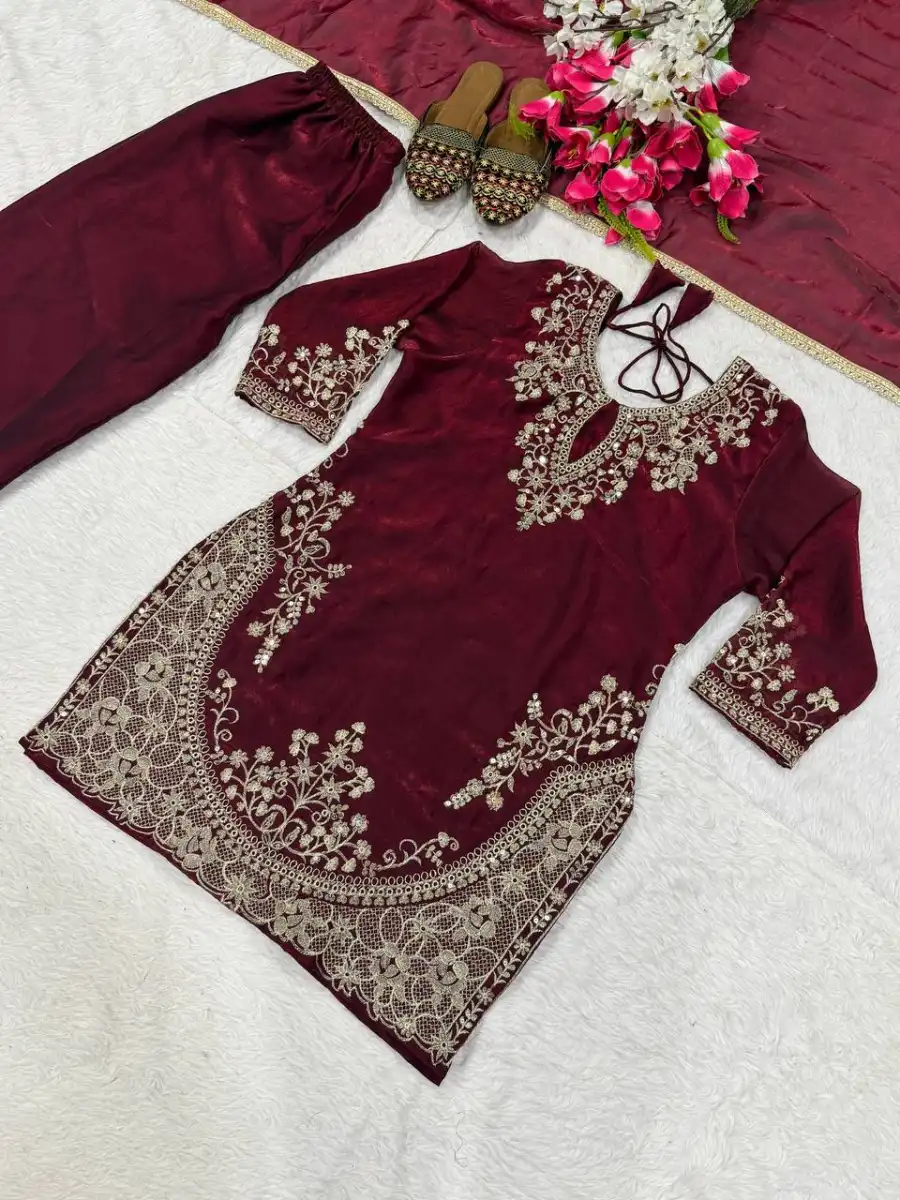 CLASSIC FENDY SILK SEQUENCE EMBROIDERY WORK TOP PALAZZO WITH DUPATTA FESTIVE WEAR WHOLESALE PRICE ETHNIC GARMENT (8)