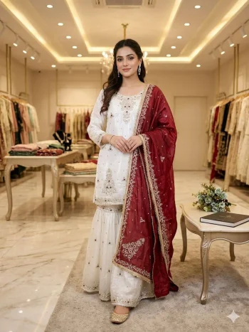 CLASSIC FENDY SILK SEQUENCE EMBROIDERY WORK TOP SHARARA WITH DUPATTA WHITE AND MAROON