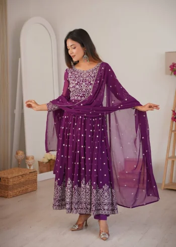 CLASSIC GEORGETTE EMBROIDERY WITH SEQUENCE & THREAD WORK GOWN BOTTOM WITH DUPATTA WINE
