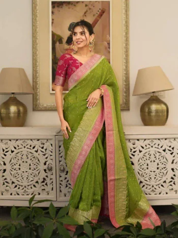 CLASSIC LICHI SILK JACQUARD WORK SAREE WITH UNSTITCHED BLOUSE PARROT GREEN