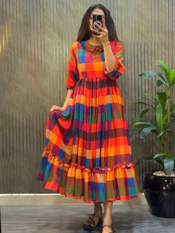 CLASSIC MUL CHANDERI PRINTED WORK ONE PIECE DRESS MULTI