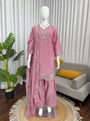 CLASSIC NATURAL CREPE THREAD WITH SEQUENCE WORK TOP PATIYALA WITH DUPATTA BABY PINK