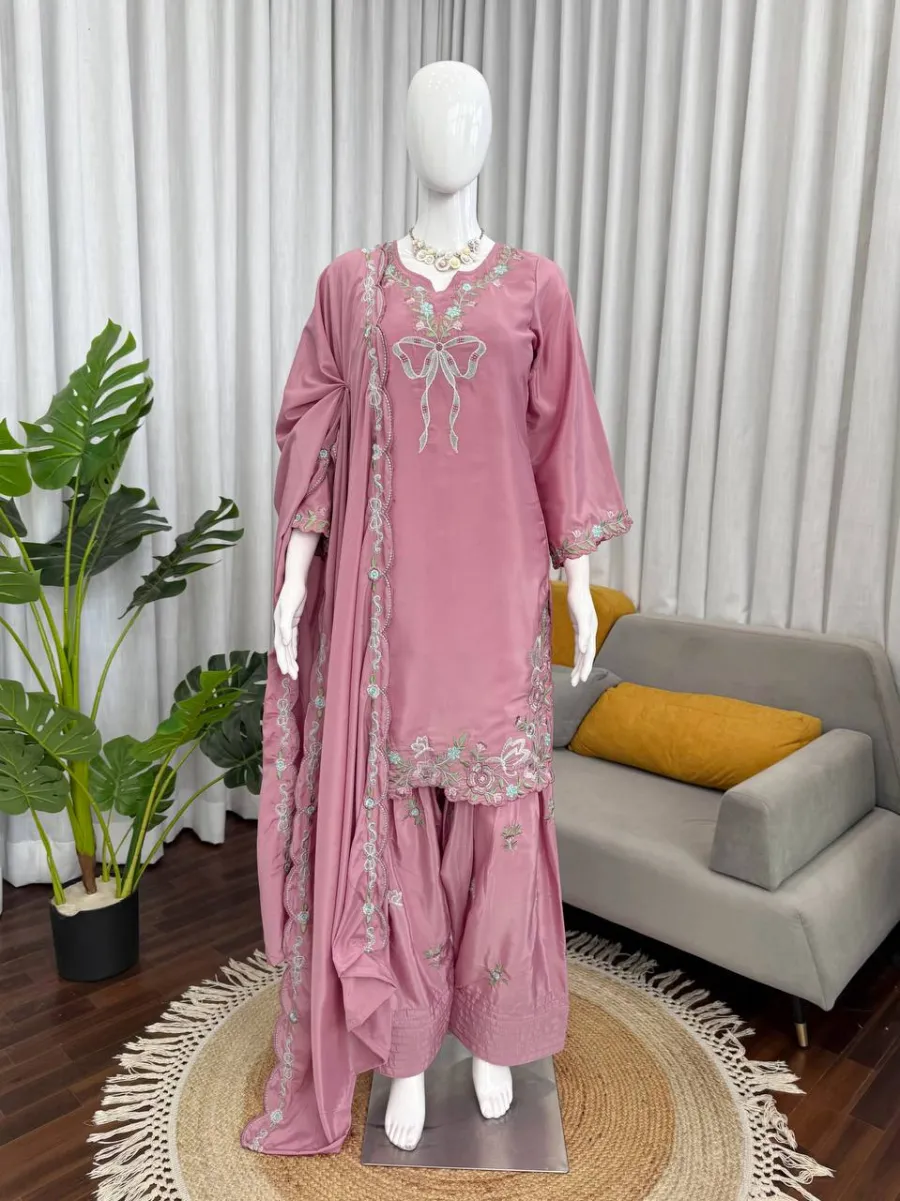CLASSIC NATURAL CREPE THREAD WITH SEQUENCE WORK TOP PATIYALA WITH DUPATTA FESTIVE WEAR WHOLESALE PRICE ETHNIC GARMENT (20)