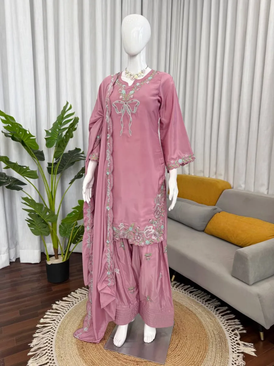 CLASSIC NATURAL CREPE THREAD WITH SEQUENCE WORK TOP PATIYALA WITH DUPATTA FESTIVE WEAR WHOLESALE PRICE ETHNIC GARMENT (24)