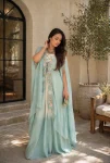 DESIGNER BANGLORI SILK EMBROIDERY SEQUENCE WORK DRAPE SKIRT BLOUSE WITH SHRUG SKY AND OFF WHITE