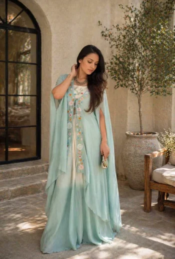 DESIGNER BANGLORI SILK EMBROIDERY SEQUENCE WORK DRAPE SKIRT BLOUSE WITH SHRUG SKY AND OFF WHITE