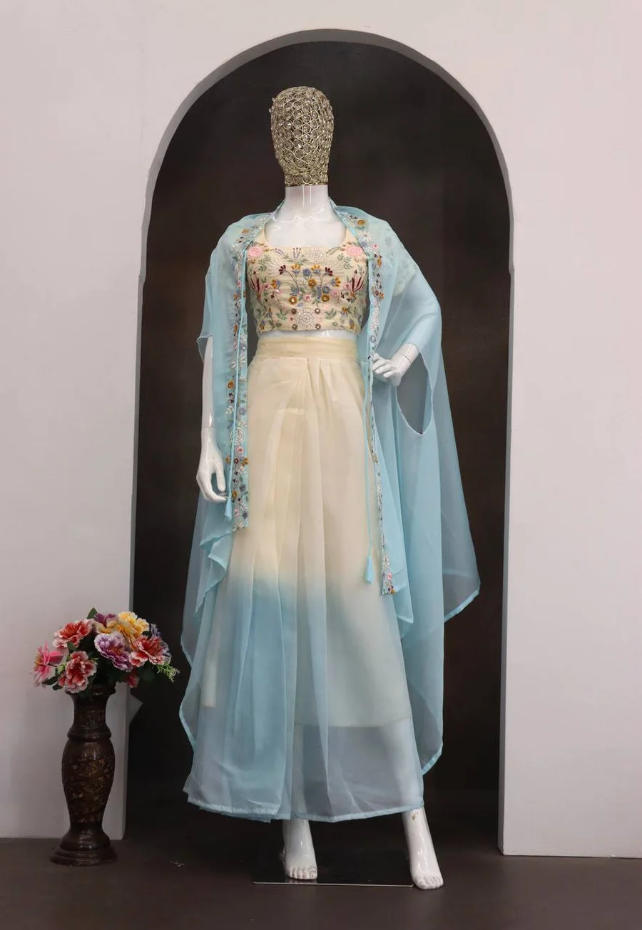DESIGNER BANGLORI SILK EMBROIDERY SEQUENCE WORK DRAPE SKIRT BLOUSE WITH SHRUG PARTY WEAR WHOLESALE PRICE ETHNIC GARMENT (5)
