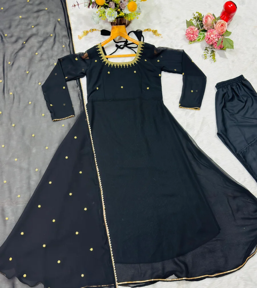 DESIGNER BLOOMING ZARI THREAD EMBROIDERED WORK GOWN BOTTOM WITH DUPATTA FESTIVE WEAR WHOLESALE PRICE ETHNIC GARMENT (7)