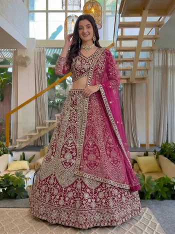 DESIGNER BUTTERFLY NET SEQUENCE AND CODING EMBROIDERY WORK LEHENGA CHOLI WITH DUPATTA PINK