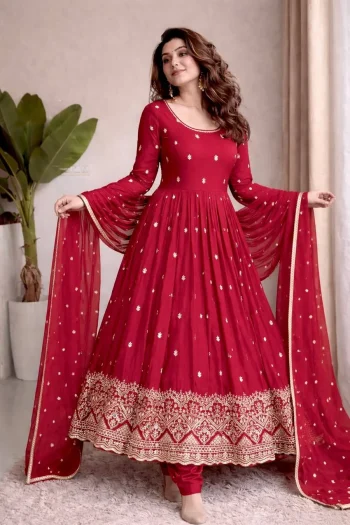 DESIGNER CHINON SILK EMBROIDERY  SEQUENCE WORK WITH REAL MIRROR HAND WORK  GOWN BOTTOM WITH DUPATTA RANI