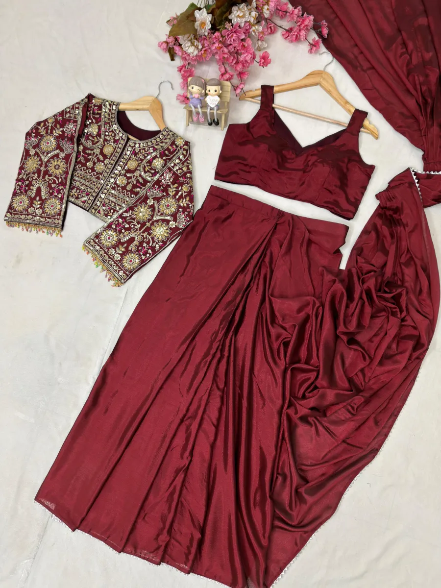 DESIGNER CHINON SILK SAMOSA LACE BORDER READY TO WEAR SAREE AND BLOUSE WITH ZARI AND THREAD EMBROIDERY WORK KOTI PARTY WEAR WHOLESALE PRICE ETHNIC GARMENT (10)