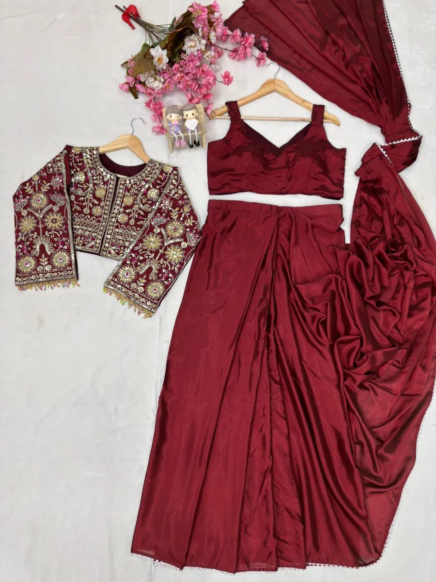 DESIGNER CHINON SILK SAMOSA LACE BORDER READY TO WEAR SAREE AND BLOUSE WITH ZARI AND THREAD EMBROIDERY WORK KOTI PARTY WEAR WHOLESALE PRICE ETHNIC GARMENT (12)