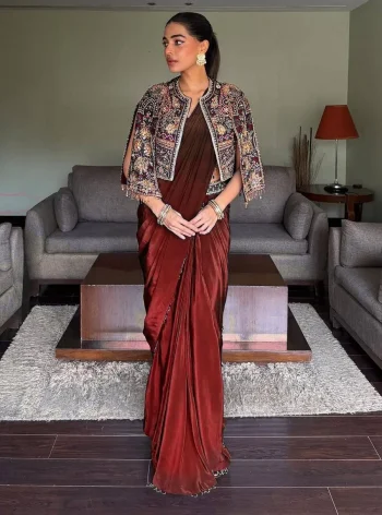 DESIGNER CHINON SILK SAMOSA LACE BORDER READY TO WEAR SAREE AND BLOUSE WITH ZARI AND THREAD EMBROIDERY WORK KOTI MAROON