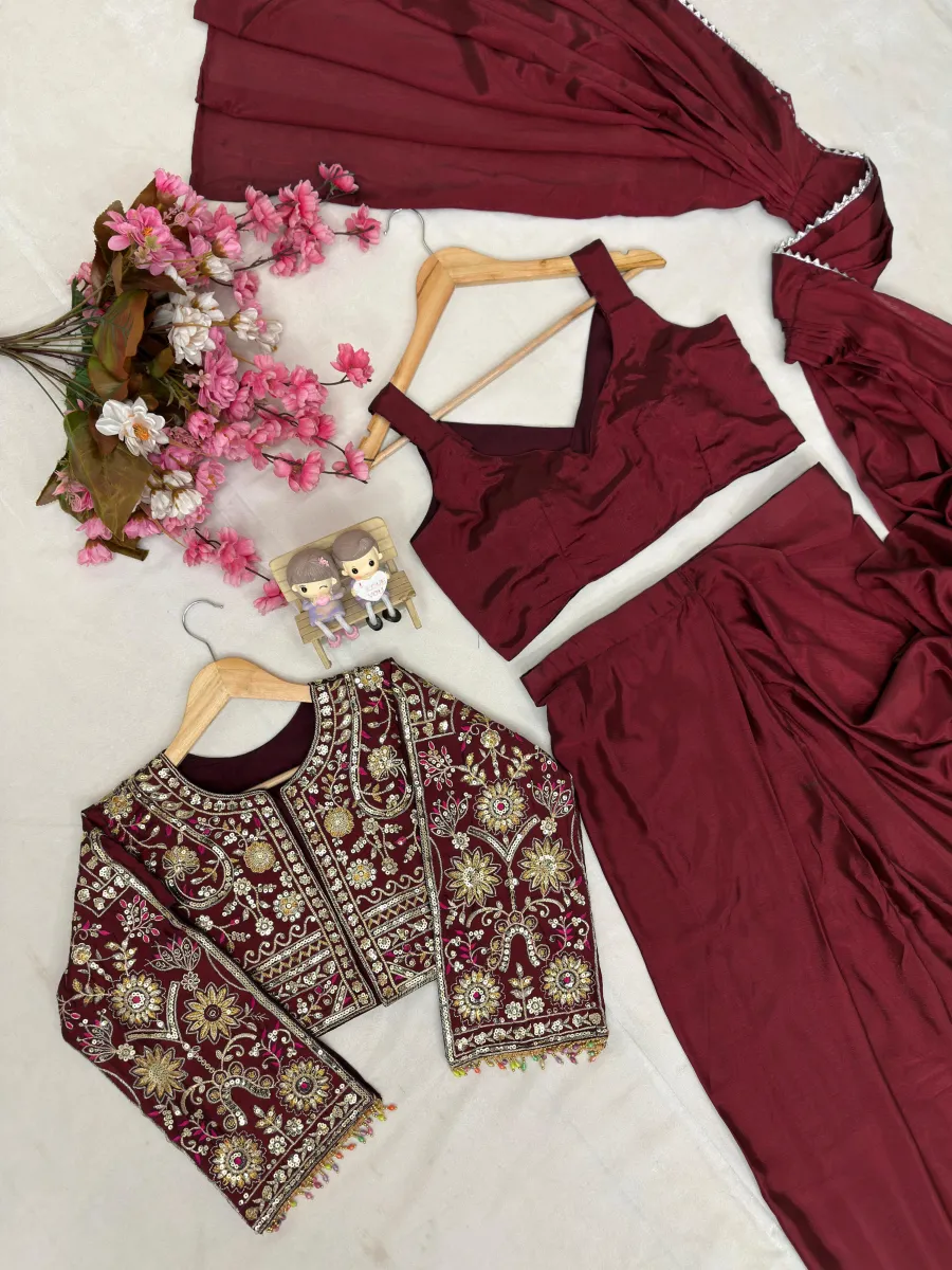 DESIGNER CHINON SILK SAMOSA LACE BORDER READY TO WEAR SAREE AND BLOUSE WITH ZARI AND THREAD EMBROIDERY WORK KOTI PARTY WEAR WHOLESALE PRICE ETHNIC GARMENT (9)