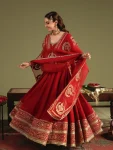 DESIGNER CHINON SILK SEQUENCE AND ZARI WORK WITH FANCY LACE WORK GOWN BOTTOM WITH DUPATTA RED