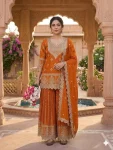 DESIGNER CHINON SILK SEQUENCE EMBROIDERY WORK TOP PALAZZO WITH DUPATTA ORANGE