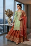 DESIGNER COSS MOSS CODING WITH SEQUENCE EMBROIDERY WORK TOP PALAZZO WITH DUPATTA ORANGE AND PISTA