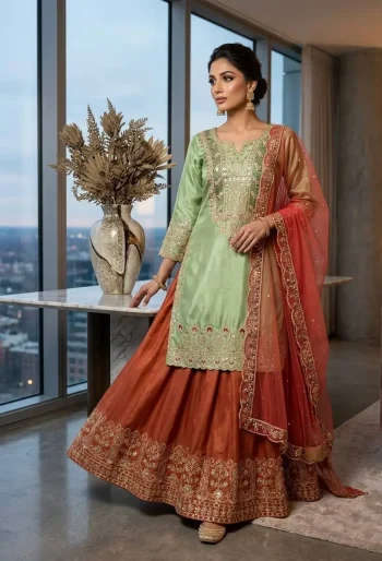 DESIGNER COSS MOSS CODING WITH SEQUENCE EMBROIDERY WORK TOP PALAZZO WITH DUPATTA ORANGE AND PISTA