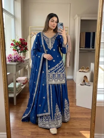 DESIGNER CP VICHITRA SILK EMBROIDERY 5 MM SEQUENCES WORK TOP PALAZZO WITH DUPATTA BLUE