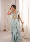 DESIGNER CREPE EMBROIDERY WORK READY TO WEAR SAREE WITH STITCHED BLOUSE SKY
