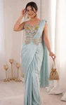 DESIGNER CREPE EMBROIDERY WORK READY TO WEAR SAREE WITH STITCHED BLOUSE WEDDING WEAR WHOLESALE PRICE ETHNIC GARMENT (1)