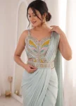 DESIGNER CREPE EMBROIDERY WORK READY TO WEAR SAREE WITH STITCHED BLOUSE WEDDING WEAR WHOLESALE PRICE ETHNIC GARMENT (1)