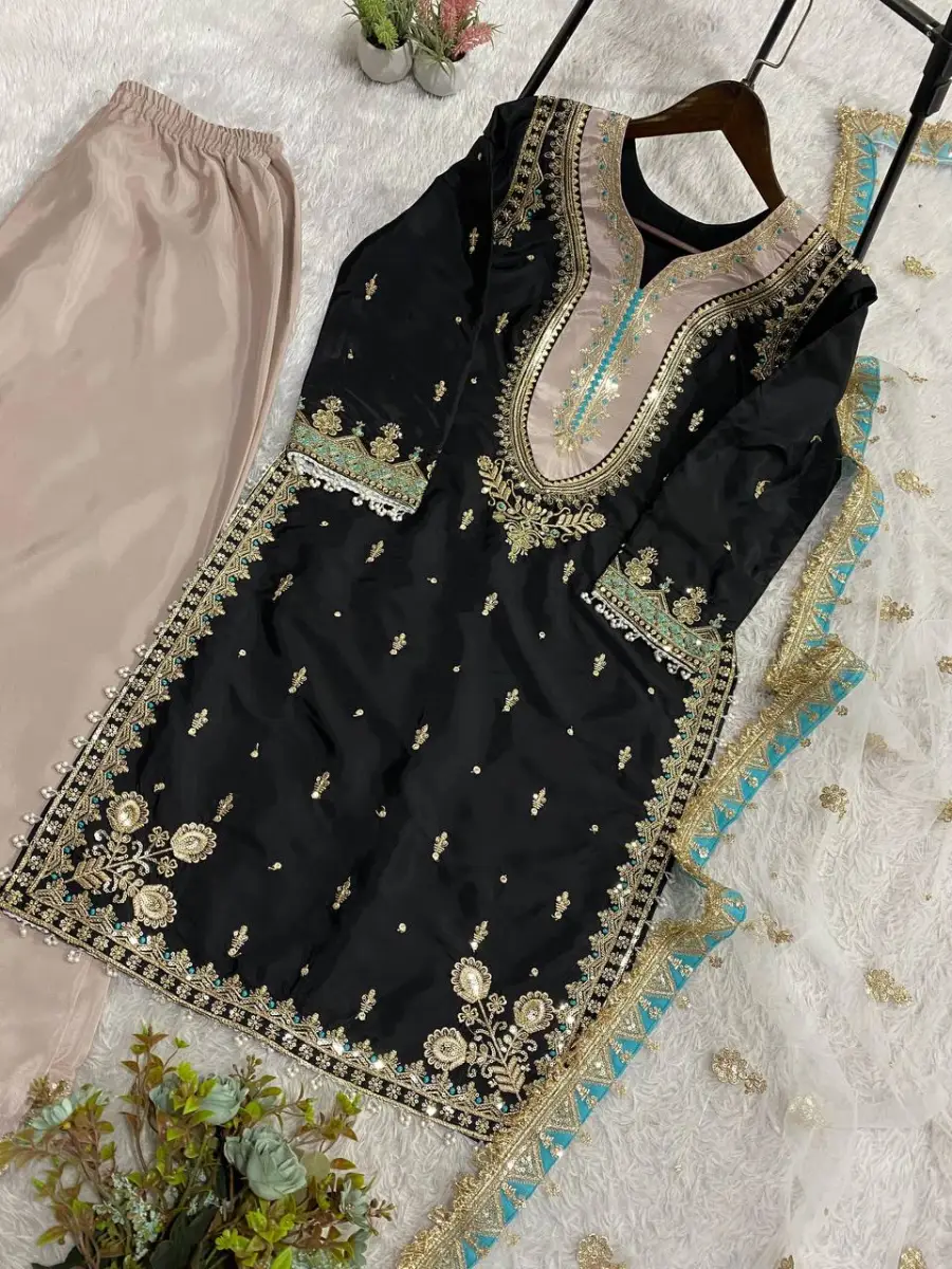 DESIGNER CREPE SILK SEQUENCE EMBROIDERY WORK TOP PALAZZO WITH DUPATTA WEDDING WEAR WHOLESALE PRICE ETHNIC GARMENT (1)