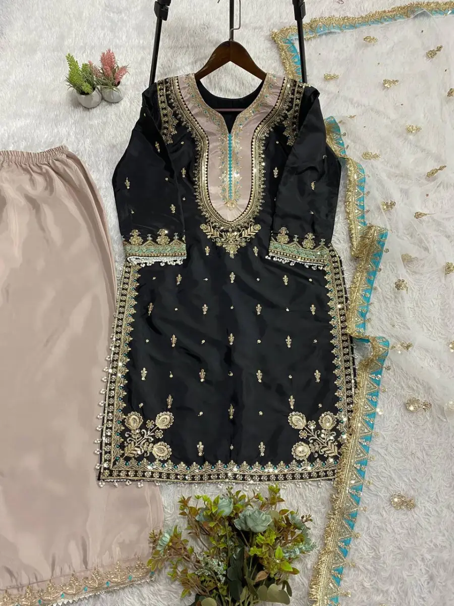 DESIGNER CREPE SILK SEQUENCE EMBROIDERY WORK TOP PALAZZO WITH DUPATTA WEDDING WEAR WHOLESALE PRICE ETHNIC GARMENT (4)