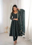 DESIGNER CRUNCHY SILK JACQUARD BUTTI AND LACE WORK GOWN BOTTOM WITH DUPATTA DARK GREEN