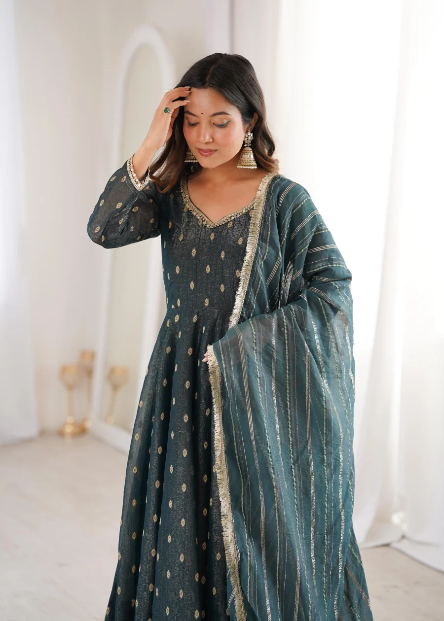 DESIGNER CRUNCHY SILK JACQUARD BUTTI AND LACE WORK GOWN BOTTOM WITH DUPATTA FESTIVE WEAR WHOLESALE PRICE ETHNIC GARMENT (13)