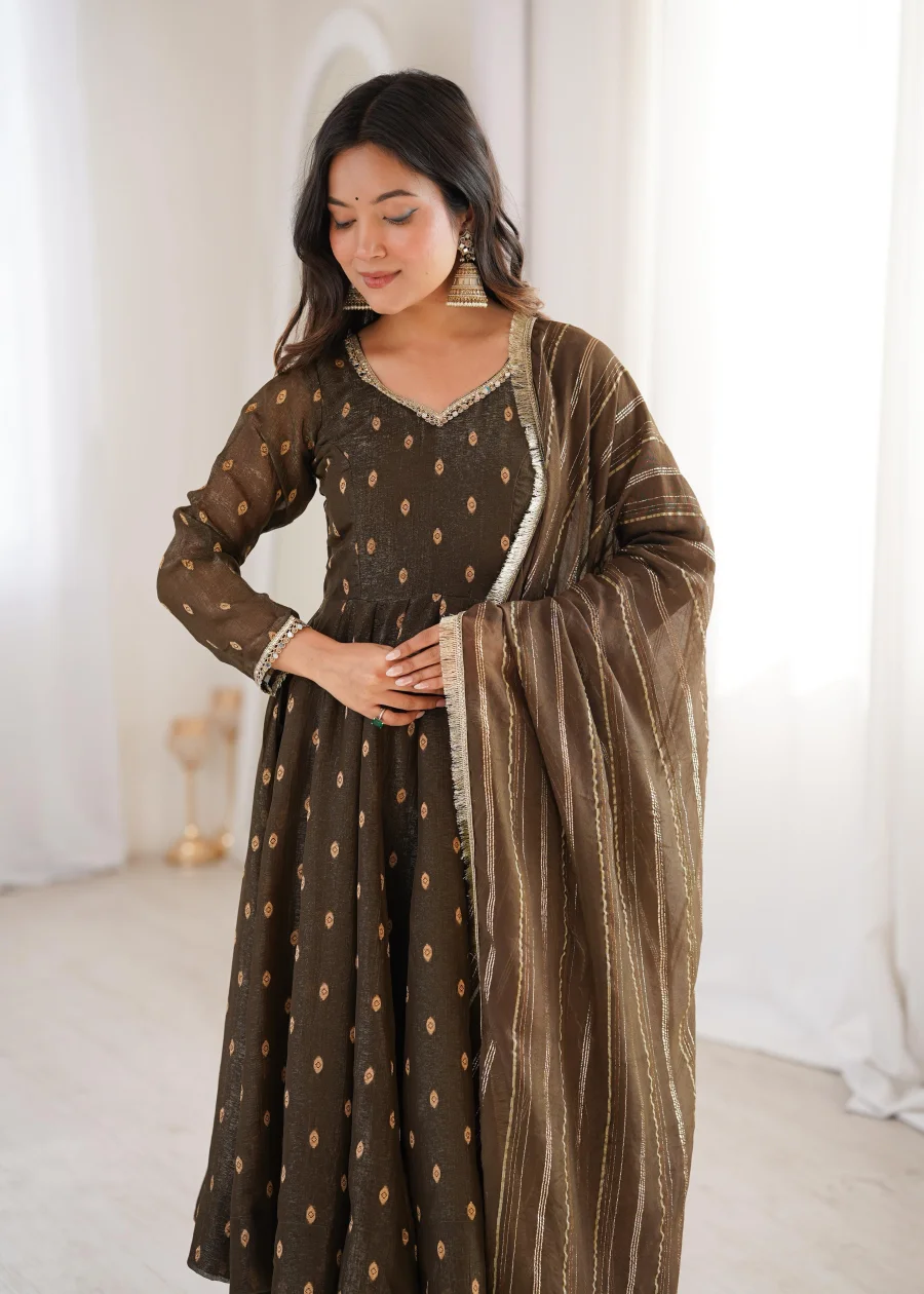 DESIGNER CRUNCHY SILK JACQUARD BUTTI AND LACE WORK GOWN BOTTOM WITH DUPATTA FESTIVE WEAR WHOLESALE PRICE ETHNIC GARMENT (4)