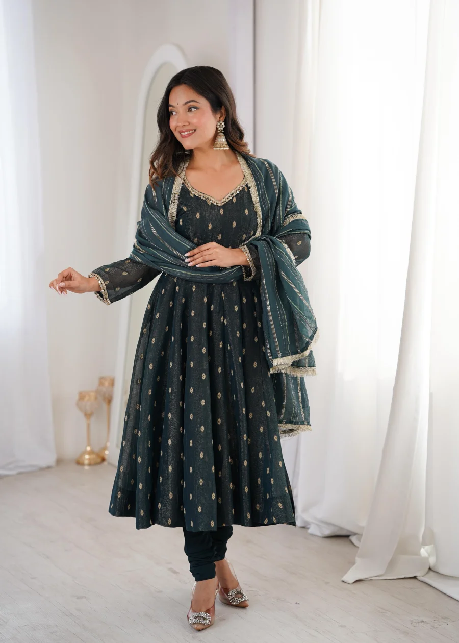 DESIGNER CRUNCHY SILK JACQUARD BUTTI AND LACE WORK GOWN BOTTOM WITH DUPATTA FESTIVE WEAR WHOLESALE PRICE ETHNIC GARMENT (9)