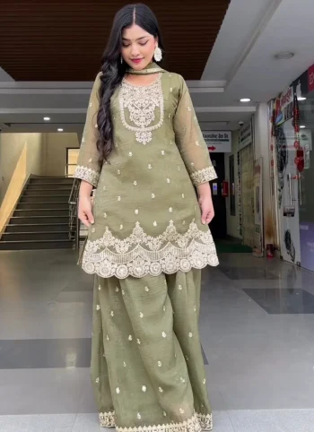 DESIGNER CRUNCHY SILK SEQUENCE EMBROIDERY WORK TOP PALAZZO WITH DUPATTA PISTA