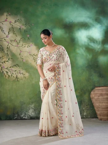 DESIGNER CRUSH RANGOLI SILK EMBROIDERY WITH CUTWORK BORDER SAREE WITH UNSTITCHED BLOUSE OFF WHITE