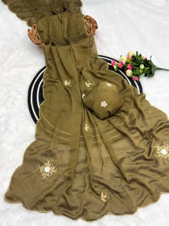 DESIGNER CRUSH SILK DOUBLE LAYER CUTDANA AND ARCO BORDER WITH BUTTA CUTDANA, MOTI AND RESHAM THREAD WORK SAREE WITH UNSTITCHED BLOUSE MEHNDI