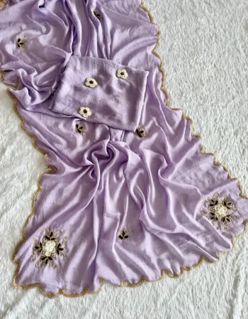 DESIGNER CRUSH SILK DOUBLE LAYER CUTDANA AND ARCO BORDER WITH BUTTA CUTDANA, MOTI AND RESHAM THREAD WORK SAREE WITH UNSTITCHED BLOUSE LAVENDER