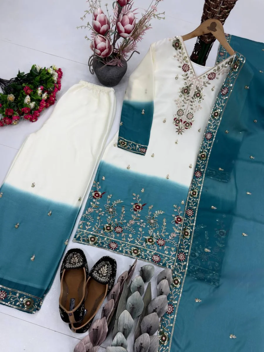 DESIGNER DUAL TONE STAR GEORGETTE EMBROIDERY SEQUENCE WORK TOP PALAZZO WITH DUPATTA FESTIVE WEAR WHOLESALE PRICE ETHNIC GARMENT (1)