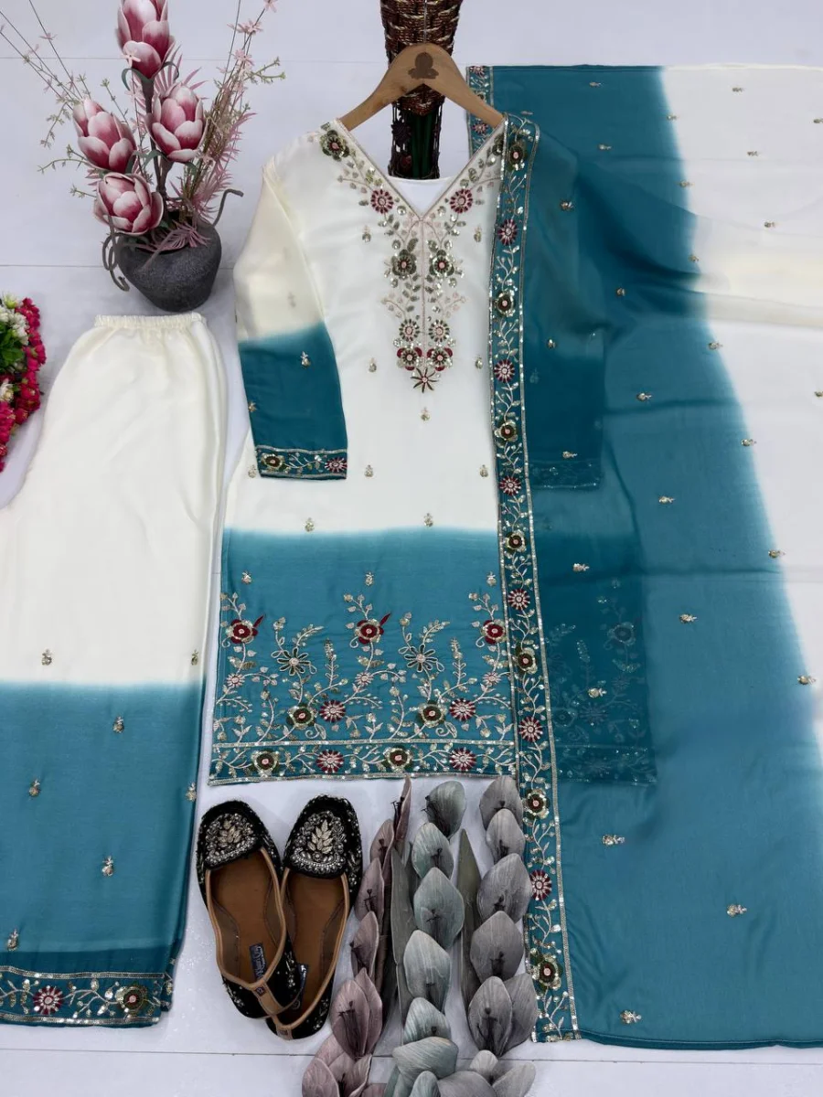 DESIGNER DUAL TONE STAR GEORGETTE EMBROIDERY SEQUENCE WORK TOP PALAZZO WITH DUPATTA FESTIVE WEAR WHOLESALE PRICE ETHNIC GARMENT (11)
