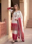 DESIGNER DUAL TONE STAR GEORGETTE EMBROIDERY   SEQUENCE WORK TOP PALAZZO WITH DUPATTA RED AND WHITE