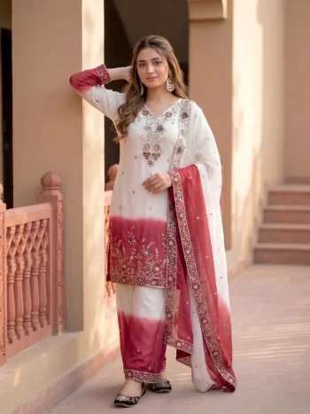 DESIGNER DUAL TONE STAR GEORGETTE EMBROIDERY   SEQUENCE WORK TOP PALAZZO WITH DUPATTA RED AND WHITE