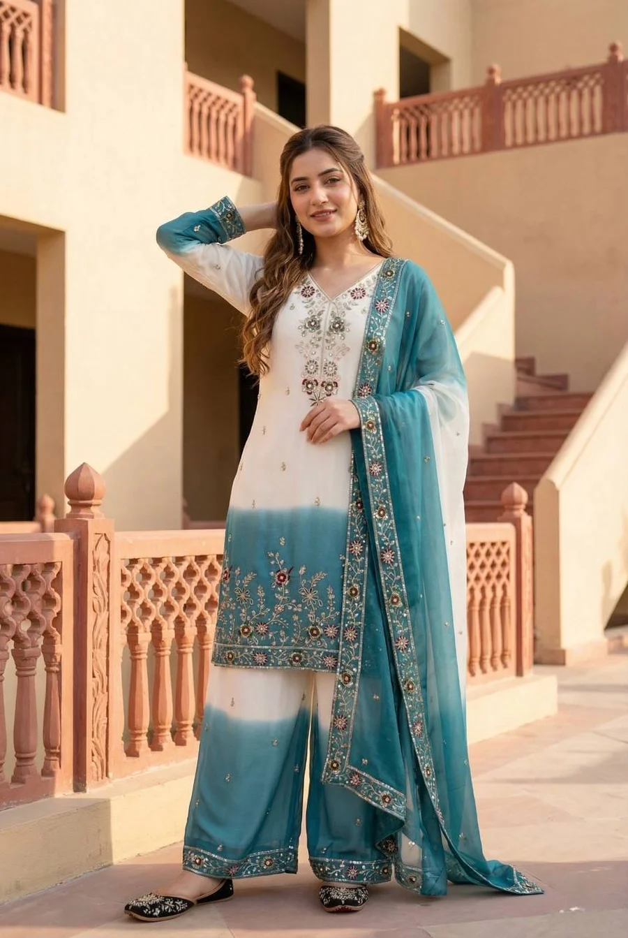 DESIGNER DUAL TONE STAR GEORGETTE EMBROIDERY SEQUENCE WORK TOP PALAZZO WITH DUPATTA FESTIVE WEAR WHOLESALE PRICE ETHNIC GARMENT (7)