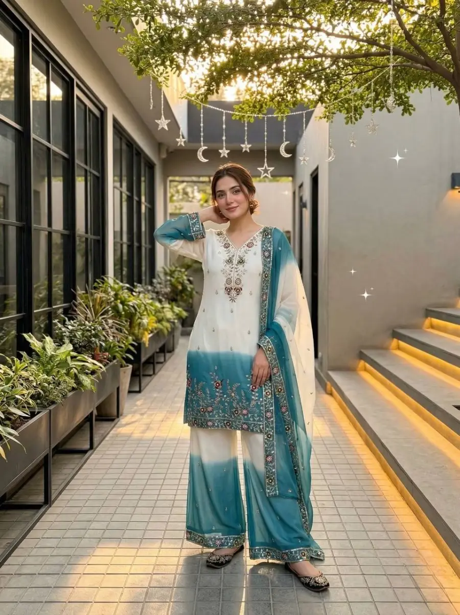 DESIGNER DUAL TONE STAR GEORGETTE EMBROIDERY SEQUENCE WORK TOP PALAZZO WITH DUPATTA FESTIVE WEAR WHOLESALE PRICE ETHNIC GARMENT (8)