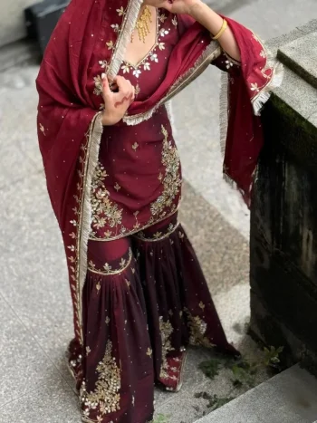 DESIGNER FENDY REAL MIRROR AND SEQUENCE EMBROIDERY WORK TOP SHARARA WITH DUPATTA MAROON
