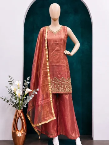 DESIGNER FENDY SATIN SILK MULTI THREAD EMBROIDERY SEQUENCE WORK TOP PALAZZO WITH DUPATTA GAJARI