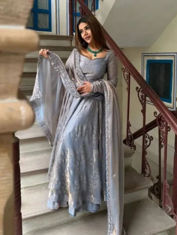 DESIGNER FENDY SILK BEADS HAND WORK WITH EMBROIDERY WORK GOWN PALAZZO WITH DUPATTA LAVENDER