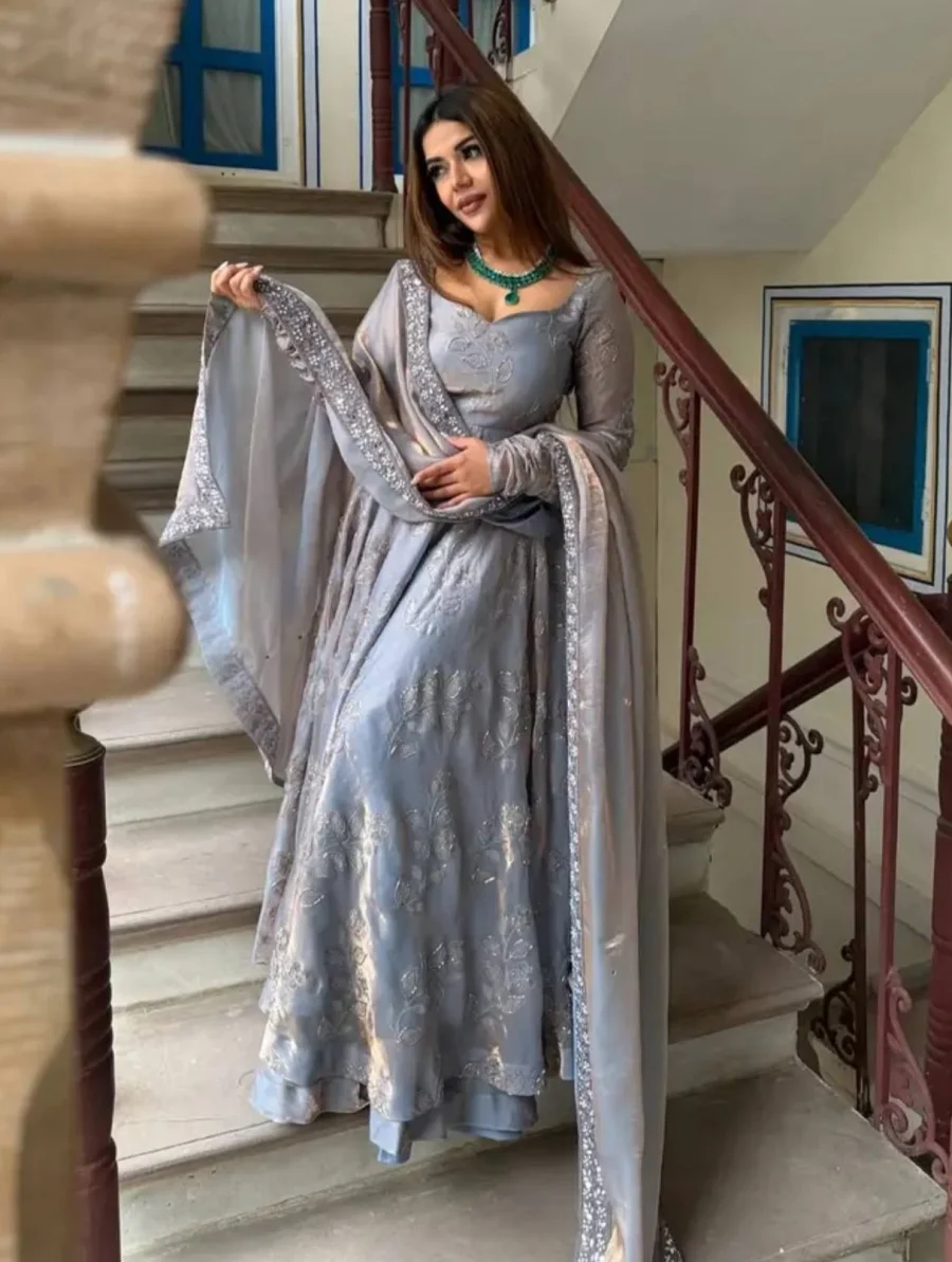 DESIGNER FENDY SILK BEADS HAND WORK WITH EMBROIDERY WORK GOWN PALAZZO WITH DUPATTA FESTIVE WEAR WHOLESALE PRICE ETHNIC GARMENT (1)