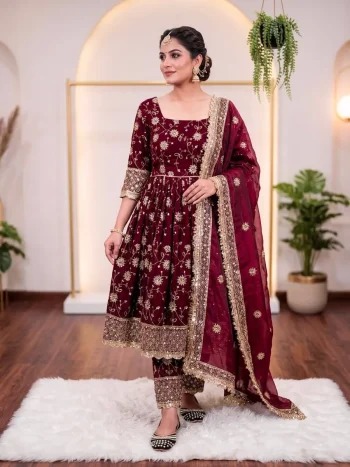 DESIGNER FENDY SILK EMBROIDERY 3 MM AND 5 MM SEQUENCE WORK TOP BOTTOM WITH DUPATTA MAROON
